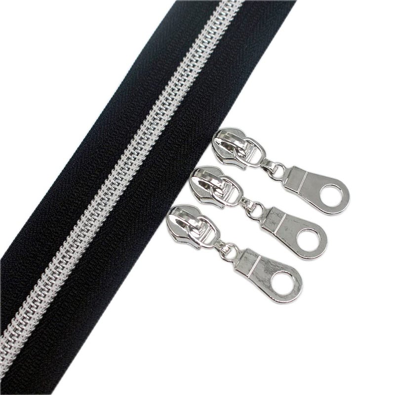 YaHoGa #5 Silver Metallic Nylon Coil Zippers by The Yard Bulk Black Tape 10 Yards with 25pcs Pulls for DIY Sewing Tailor Craft Bags (Black) - Image 1